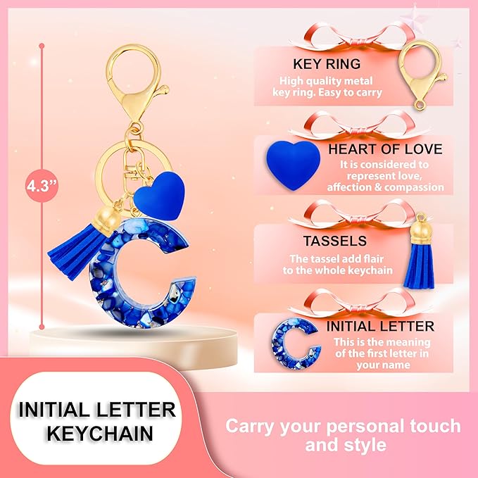 Initial Keychains for Women with Cute Heart Resin - Alphabet Letter Keychain for Bag, Backpacks, Purse or Car key