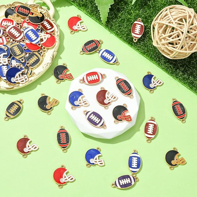 Stiesy 60 Pcs 12 Styles Enamel Sport Rugby Connector Charms Rugby Ball Batting Helmets Links Charms Bulk for Jewelry Making Crafting DIY Bracelets Necklace Presents