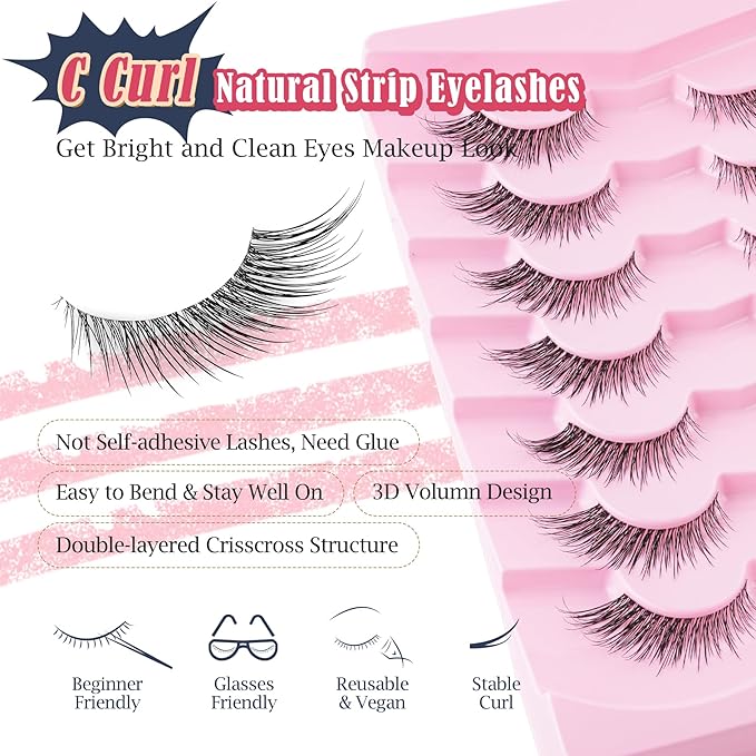 Lashes Cat Eye 16MM Foxy Eyelashes Wispy Lash Strips C Curl Natural Lashes Fake Eyelashes with 0.03MM Ultra Thin Band Siligli Fox Eyelash 7 Pair