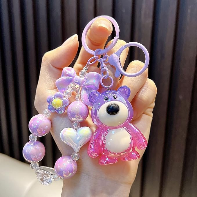 Bear Keychain For Women, Acrylic Bow Heart Flower Beaded Wristlet Gradient Color Colorful Gift Accessories
