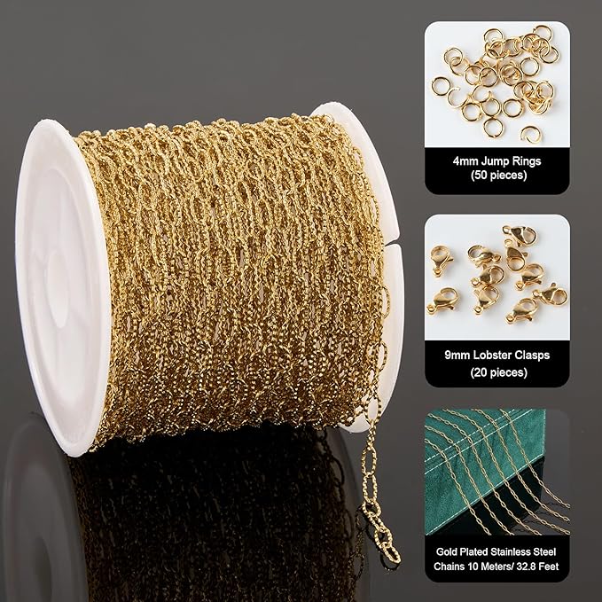 UMAOKANG 32.8 Feet Embossed Paperclip Jewelry Chain Roll Dainty Gold Plated Stainless Steel Chains for Jewelry Making