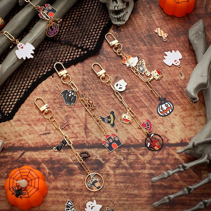 Tondiamo 266 Pieces Halloween DIY Gold Keychain Making Kit Bat Witch Hat Bag Charm Jewelry Making Pumpkin Ornaments Bulk for Key Ring Art Adults Women Bag Gift