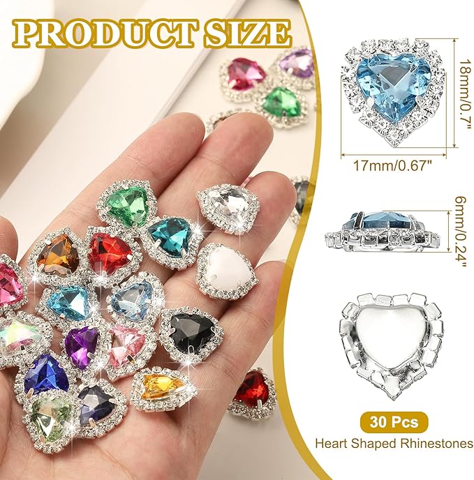 PATIKIL 30PCS Heart Rhinestones, Sew on Rhinestones Buttons Crystal Heart Nail Charm Embellishment Flatback Diamond for Sewing DIY Clothing Wedding, Light Blue