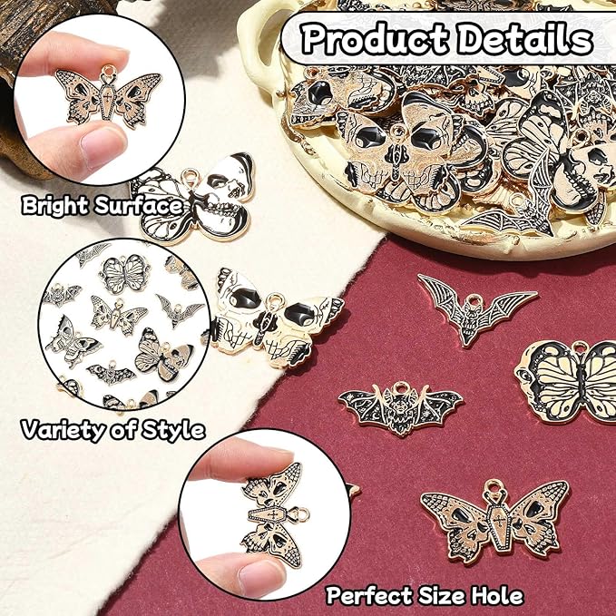 Stiesy 40 Pcs 8 Styles Gothic Style Black Enamel Butterfly Charms Animal Bat with Skull Pendant Metal Charm for Jewelry Making Crafts DIY Bracelets Necklace Earring