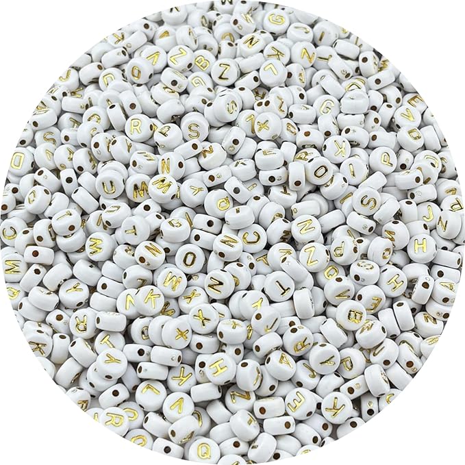 1000pcs Round Letter Beads 4x7mm Acrylic Alphabet Beads Spacer Beads for Jewelry Making Bracelets Necklace Earring Key Chains DIY Craft(S-Gold Letter White Bead)