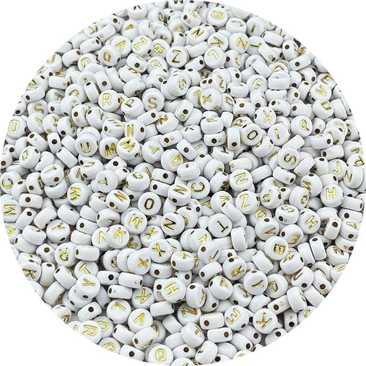 1000pcs Round Letter Beads 4x7mm Acrylic Alphabet Beads Spacer Beads for Jewelry Making Bracelets Necklace Earring Key Chains DIY Craft(S-Gold Letter White Bead)