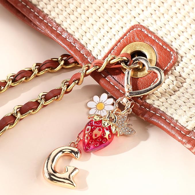 Strawberry Initial Keychain for Women-Cute Kawaii Gold Alphabet Bag Charms, Key chain Gift for Purse Handbag