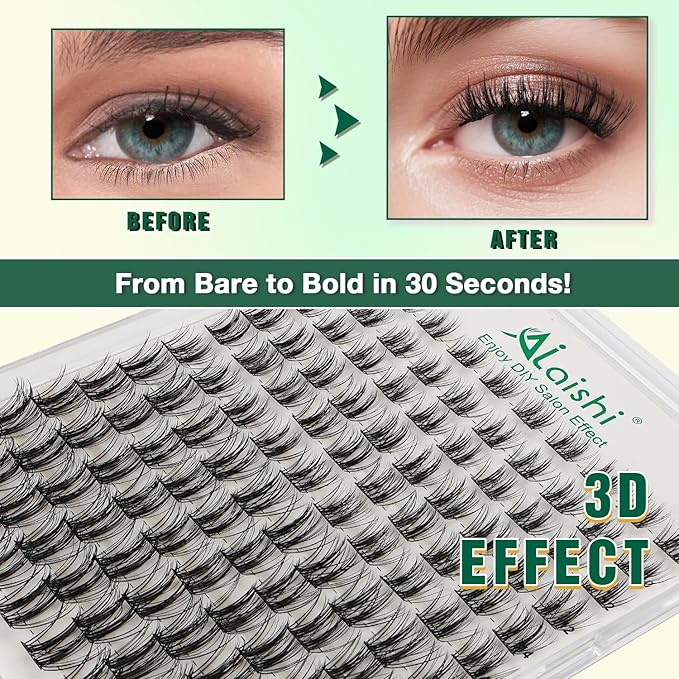 AILAISHI Lash Clusters Kit, DIY 3D Cluster Eyelash Extensions 10‑18mm,120pcs Fluffy D Curl Soft Natural Lashes with Bond and Seal,Remover,Tweezers,–Fake Cat Eye Wispy Individual Clusters MIX1-2-L