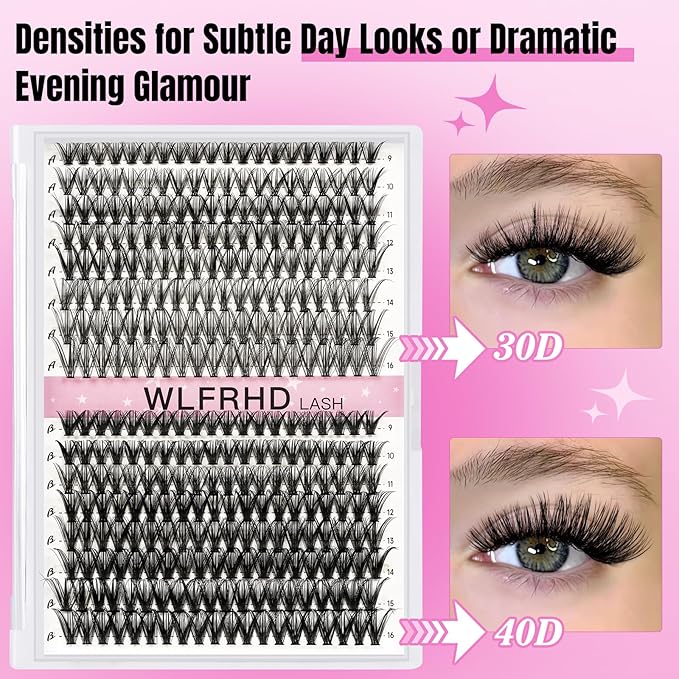 WLFRHD Lash Clusters Kit 320 Pcs D Curl DIY Natural Wispy Lashes Eyelashes Clusters Eyelash Extension Kit with Eyelash Bond and Seal, Remover & Tweezers (30D+40D, Mix9-16mm Kit)