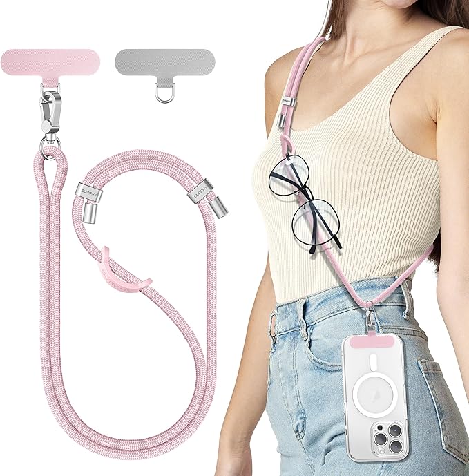 SURPHY Phone Lanyard, Adjustable Phone Strap Crossbody with 2 Pack Cell Phone Tether Tab, Premium Metal Buckles, Skin-Friendly, Universal Cell Phone Lanyard Crossbody for Women and Men, Pink