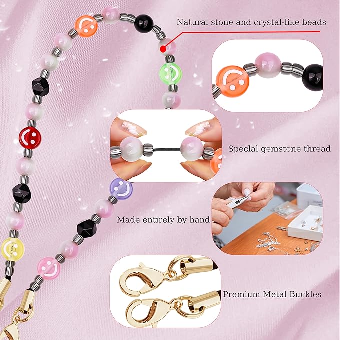 Marble Beaded Phone Wrist Strap,Detachable Phone Bracelet Strap with Tether Tab,Hands-Free Wristlet Strap (Colorful Smiley Face)