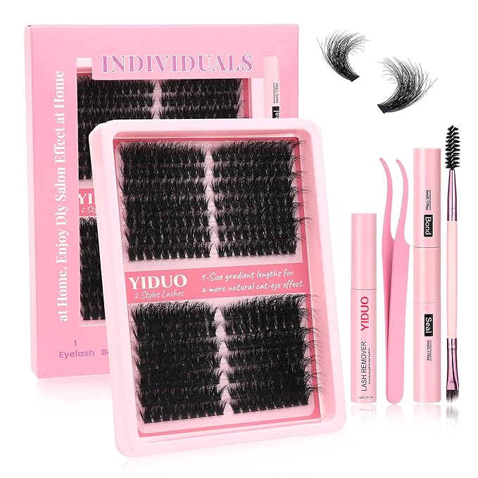 YIDUO Lash Clusters Kit 100D+150D 10-18mm Cat Eye Eyelash Extensions Kit Volume Wispy C/D Curl Left & Right Individual DIY Lash Extension Kit with Glue |Tweezers |Removers |Eyelash & Eyebrow Brush