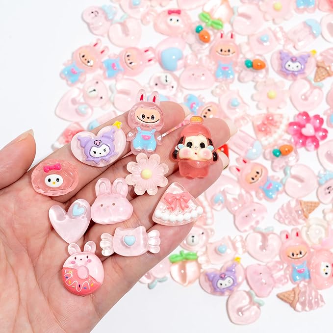 Charms 100PCS Mixed Kawaii Flatback Resin Charms for Crafts, Cabochon for DIY Projects, Slime Charm, Resin Art, Scrapbooking, Phone Case & Accessories (Light Pink)