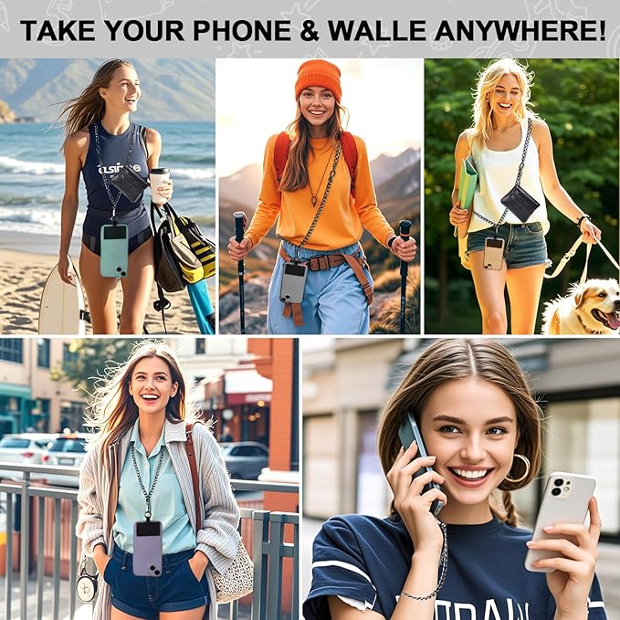 XANGNIER Clip and Go Strap for Phone with Wallet Crossbody, Phone Strap with Zippered Wallet, Adjustable Anti Theft Cellphone Lanyard for Women, Cellphone Chain Accessories,Chain Black