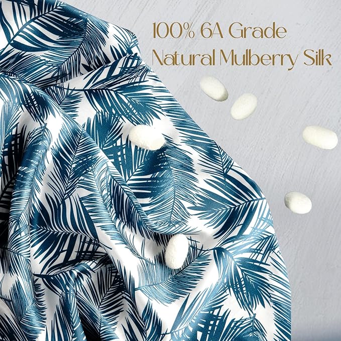 ZIMASILK 100% Pure Mulberry Silk Pillowcase for Hair and Skin Health,Both Sides 19 Momme Silk Floral Print,1pc (King 20''x36'',Blue Leaves)
