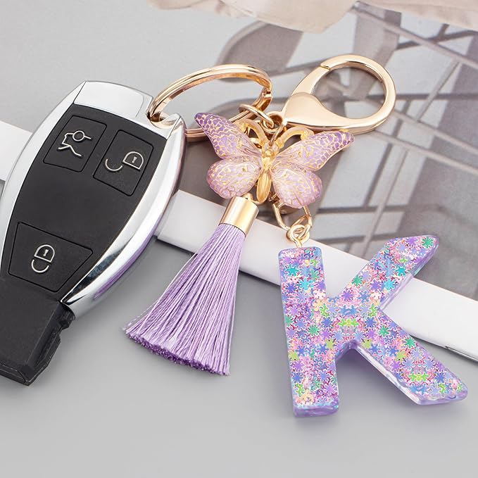 Suweibuke Cute Pink Key Chains for Women Girls, Initial Letter Keychains with Tassel, Charms for Key Purse Handbags Backpacks