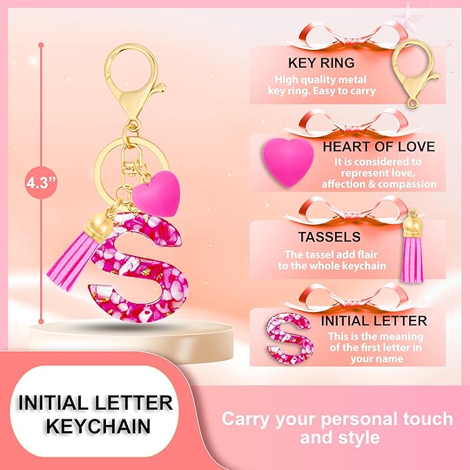 Initial Keychains for Women with Cute Heart Resin - Alphabet Letter Keychain for Bag, Backpacks, Purse or Car key