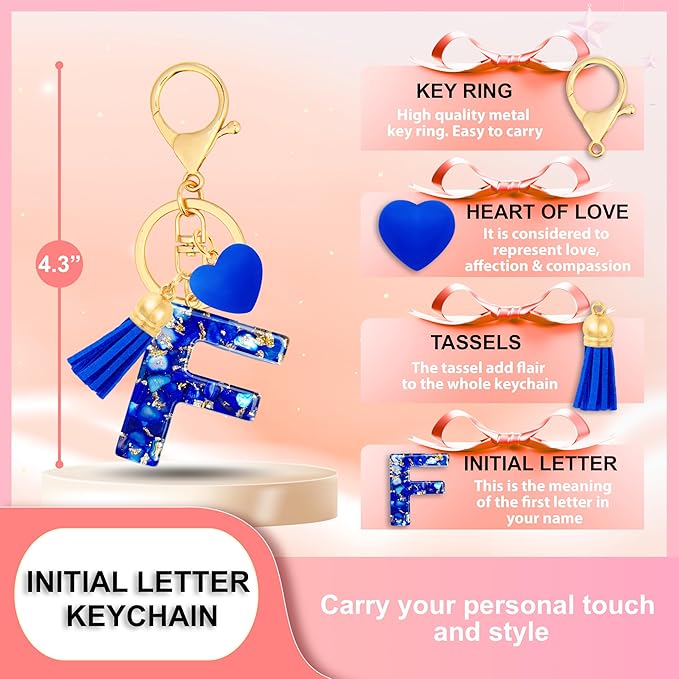 Initial Keychains for Women with Cute Heart Resin - Alphabet Letter Keychain for Bag, Backpacks, Purse or Car key