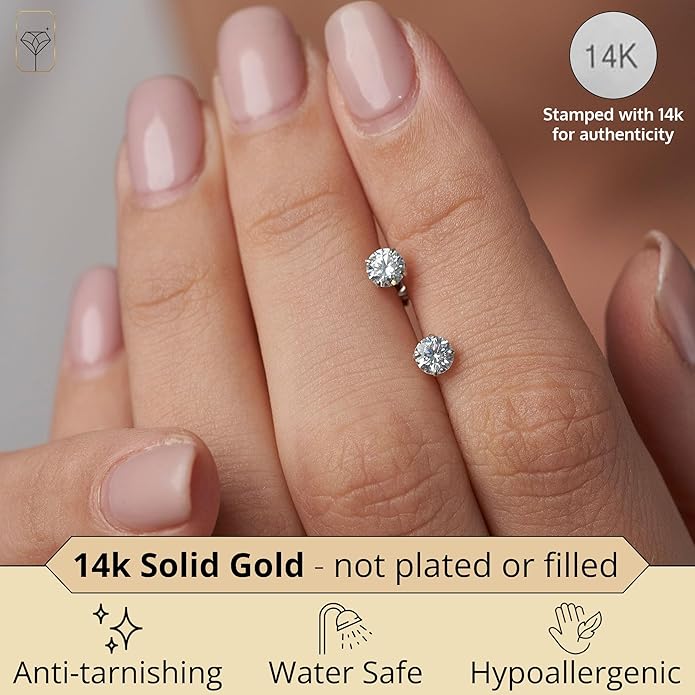 14k Gold Solitaire Round Cubic Zirconia Earrings Studs for Women & Men | Anti Tarnishing CZ Stud Earrings with 14k Gold Butterfly Pushbacks | 4MM-7.5MM by MAX + STONE