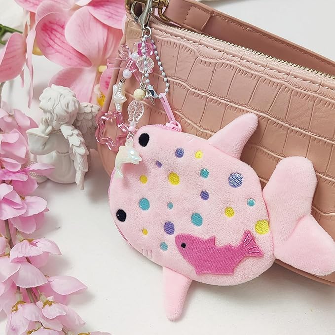 Adorable Whale Shark Coin Purse Keychain,Soft Plush Zipper Coin Purse,Handmade Purse Bag Charm Gift for Women (Pink)