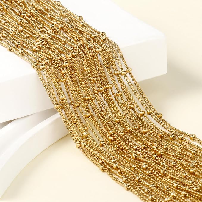 24PCS Gold Curb Satellite Necklace for Jewelry Making 2MM 18k Gold Plated Stainless Steel Curb Link Chains Bulk for DIY Necklace