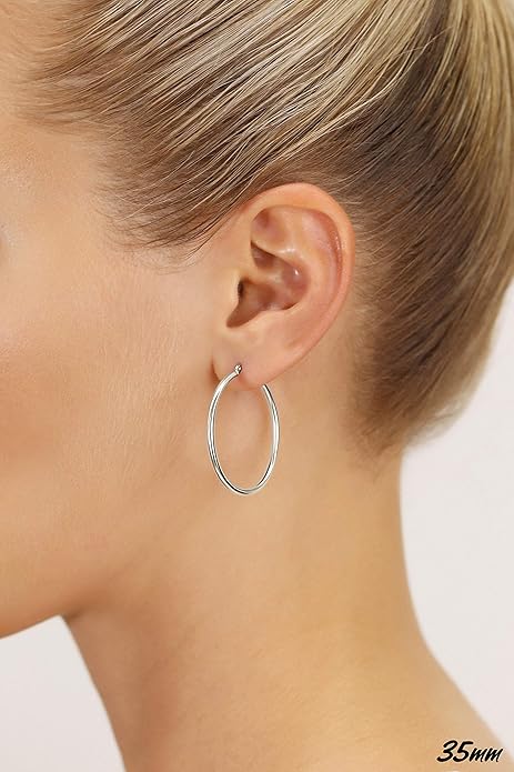 14k White Gold Classic Round Hoop Earrings