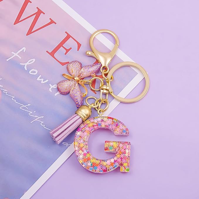 Fashion Alphabet Initial Letter Keychain Tassel Butterfly Pendant Key Ring for Purse Handbags Women Girl
