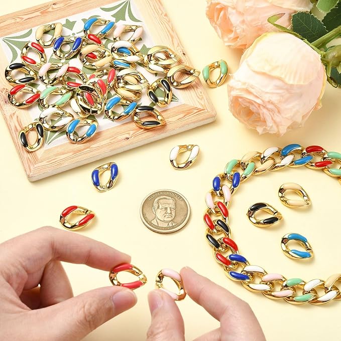 LiQunSweet 135 pcs 9 Colors Oval ABS Plastic Twisted Linking Rings Chains UV Plating Colorful Rainbow Oval Quick Link Connector Chain for DIY Jewelry Making Craft Decoration