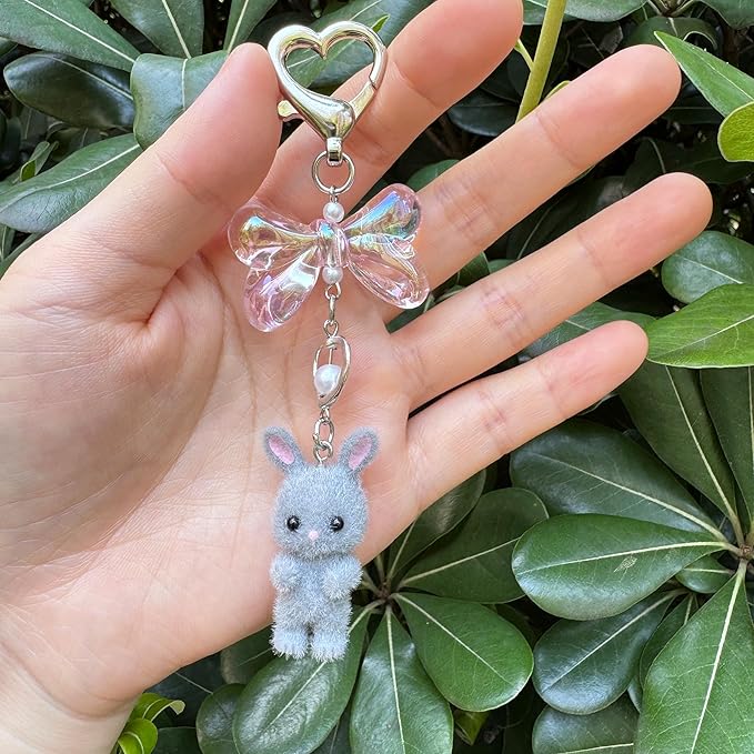 Cute Fuzzy rabbit Keychain for Women - Y2K Plush Bow Bag Charm Decor, Kawaii Kitty Pendant Gift for her