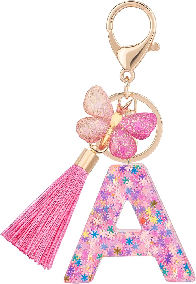 Suweibuke Cute Pink Key Chains for Women Girls, Initial Letter Keychains with Tassel, Charms for Key Purse Handbags Backpacks