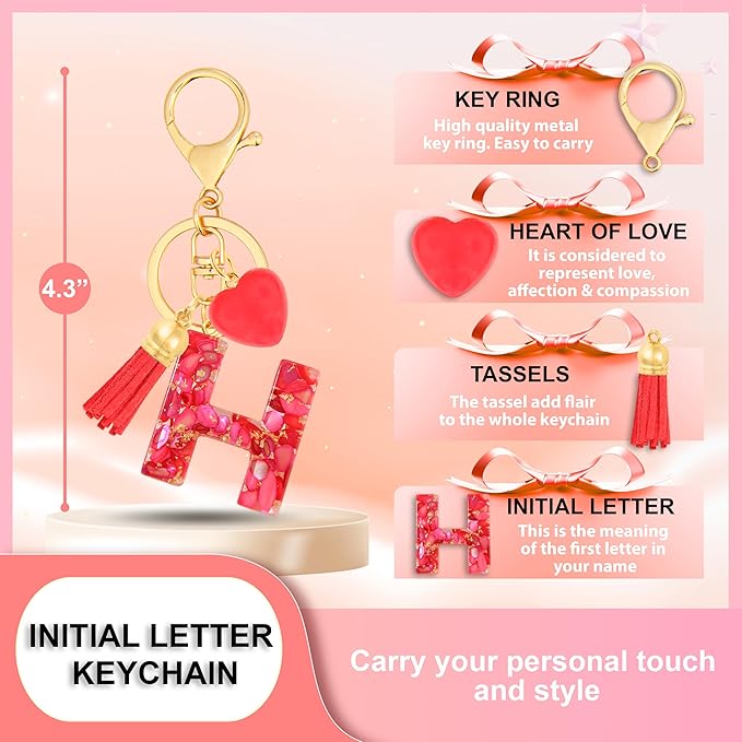 Initial Keychains for Women with Cute Heart Resin - Alphabet Letter Keychain for Bag, Backpacks, Purse or Car key