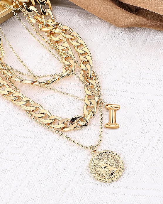 MJartoria Layered Necklaces for Women Trendy Balloon Initial Coin Pendant Necklace Dainty Chunky Chain Choker Necklaces Jewelry Birthday Gifts
