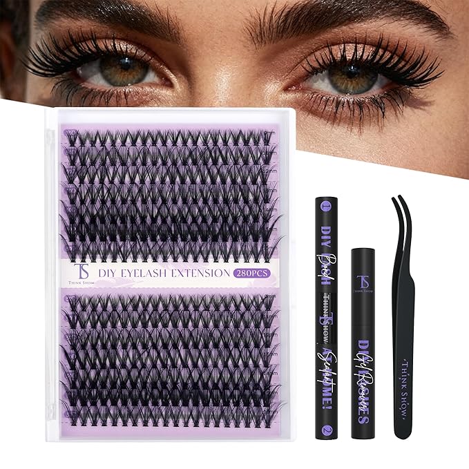 THINK SHOW Lash Clusters Kit 30D 9-16mm 280pcs Wispy Lash Clusters Kit with Bond and Seal,Tweezers,Remover Natural Cluster Eyelash Extensions for Beginners(30D)