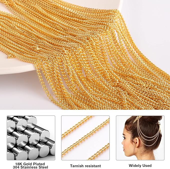 33FT 18K Gold Plated Stainless Steel Curb Chain Roll, 5mm 304 Stainless Steel Flat Twisted Links Curb Chains Bulk for Jewelry Making Necklace DIY Craft