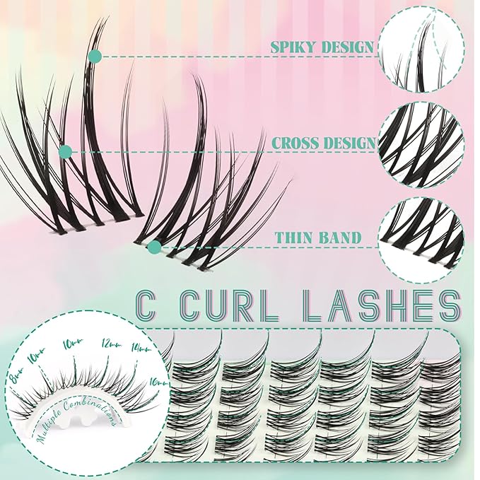 Lash Clusters Manga Natural Clear Band Deer Eyelash Clusters Wispy C Curl 144PCS 8-18MM Mixed Anime Individual Lashes Left & Right Spiky Eyelash Extensions for DIY Doe Eyed at Home (Spark)