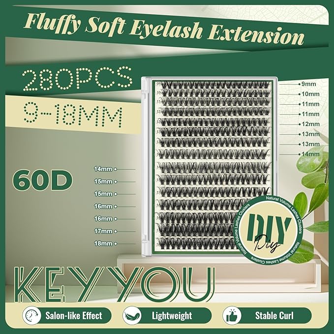 Lash Clusters 280Pcs Eyelash Clusters KEYYOU 60D D Curl 9-18MIX Clusters Lashes Thick Super Soft Wispy DIY Eyelash Extension at Home(60D-D,9-18MIX)