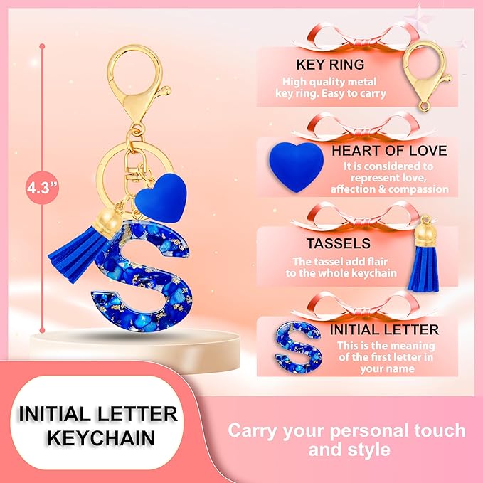 Initial Keychains for Women with Cute Heart Resin - Alphabet Letter Keychain for Bag, Backpacks, Purse or Car key