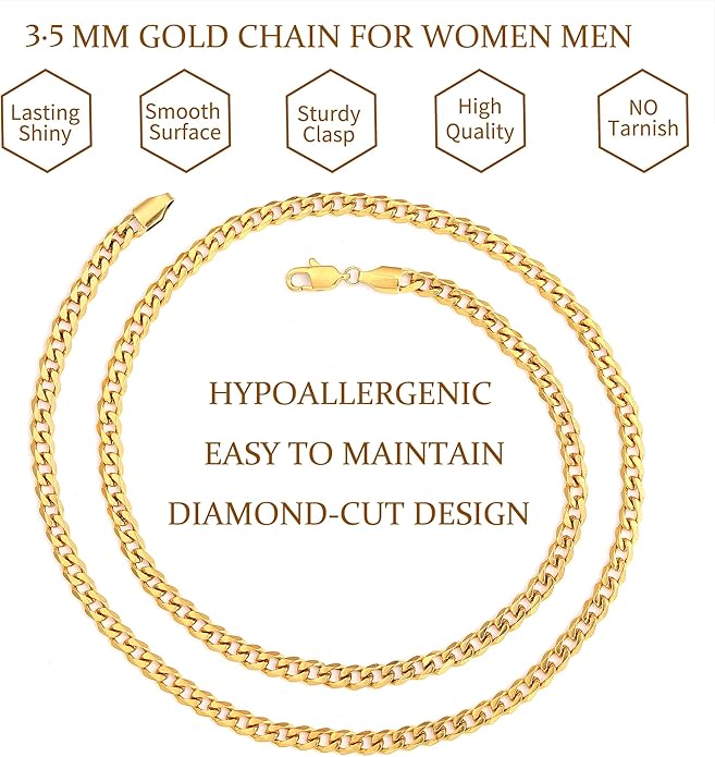 Fiusem 3.5mm Cuban Link Chains for Men, Silver Tone/Black/14K Gold Plated Stainless Steel Necklace Chain, Mens Necklace 16, 18, 20, 22, 24, 26, 28 Inch