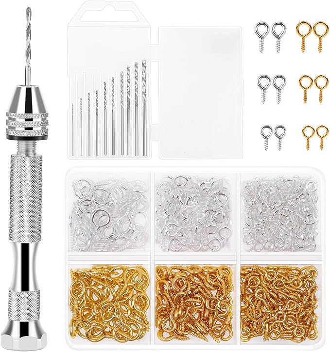 Pin Vise for Resin Casting Molds, Shynek Hand Drill for Jewelry Making Resin Tools Includes 1Pcs Push Hand Drill 10Pcs Drill Bits 480Pcs Eye Screws for DIY Keychain (Gold+silver)