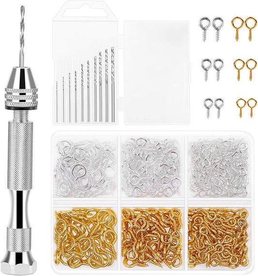 Pin Vise for Resin Casting Molds, Shynek Hand Drill for Jewelry Making Resin Tools Includes 1Pcs Push Hand Drill 10Pcs Drill Bits 480Pcs Eye Screws for DIY Keychain (Gold+silver)