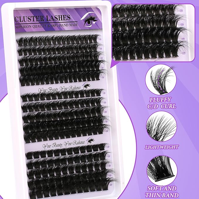 Lash Clusters 3 Densities (100D/150D/200D) Mixed Length 10-18mm DIY Eyelash Extensions Kit 210 Clusters Handmade Soft Lashes with Glue Sealant Remover & Tweezers Sensitive Eye Friendly for Daily