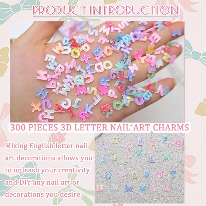 300 Pcs Letter Nail Art Charms, CYHYII 3D Mixed Candy Colorful Letter Resin Nail Rhinestones Shiny Glitter Nail Gems DIY Manicure Nail Decoration Accessories for Women Girls