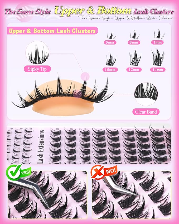 ALICE Manga Lash Clusters Kit Clear Band Natural Lash Extensions Kit 5-14mm Wispy Cluster Eyelash Extension Kit DIY Invisible Band Individual Cluster Lashes with Spiky Bottom Lashes Bond and Seal