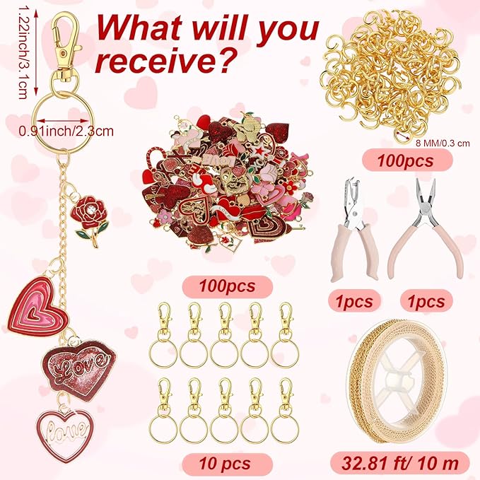 VioraWhite 213 Pcs Valentines Theme Lip Gloss Keychain Making Kit 100 Pink Enamel Charms 32.81 ft Gold Chains for Galentines DIY Crafts Women