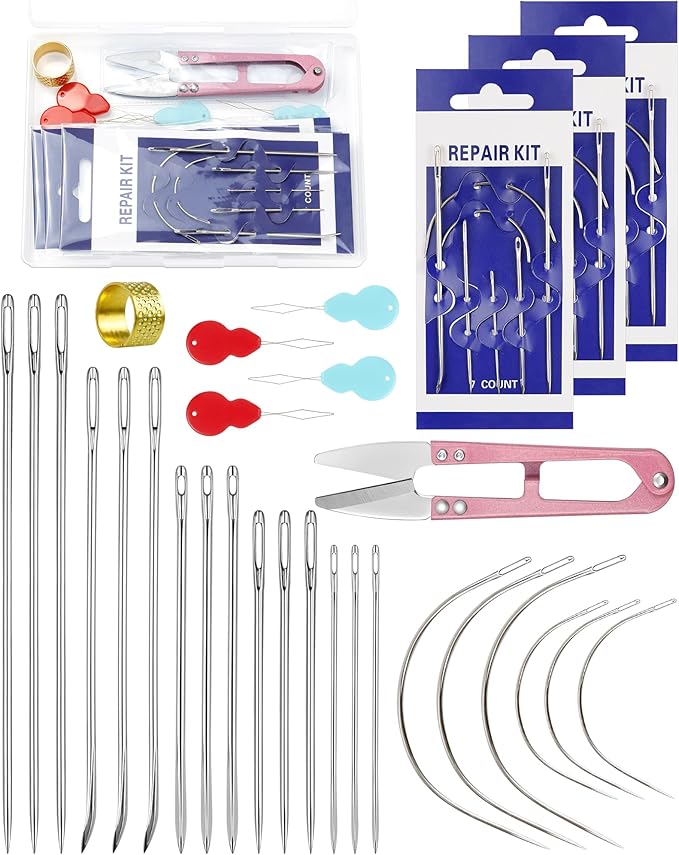 FIVEIZERO 28PCS Heavy Duty Hand Sewing Needles Set - Large Eye Leather Sewing Needles for Hand Stitching,Upholstery, Carpet,and Canvas Repair, Including Curved Sewing Needle and Needle Threaders