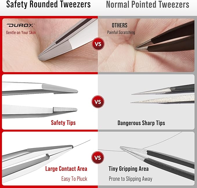 DUROX Round-Tip Tweezers — Gentle Chin & Facial Hair Removal for Women. Precision tweezers with small rounded/blunt tips for safe brow shaping and chin hair removal. Made of Stainless Steel
