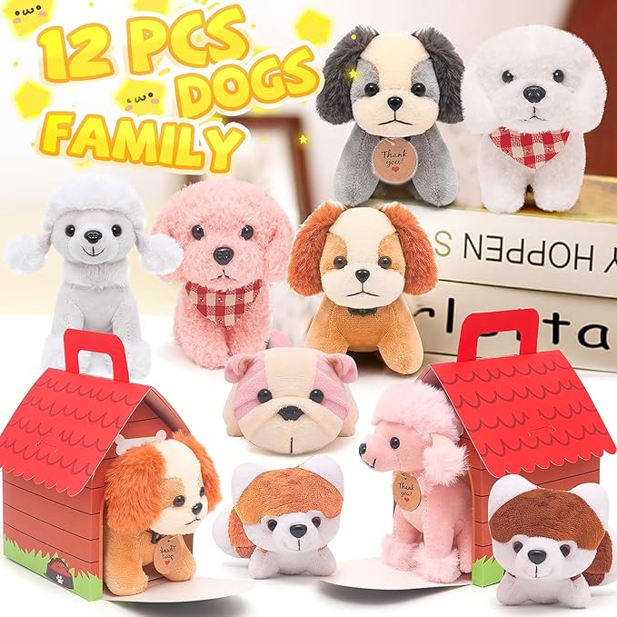 12 Pcs Mini Plush Puppy Set, Adopt A Pet Dog Party Favors with Keychain Gift Toys with Carton Dog House, Kids Baby Show Birthday Christmas Party