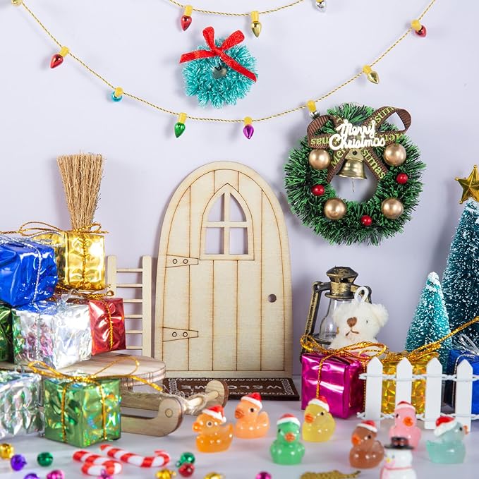 61Pcs Doll House Christmas Hat Decoration Miniature Dollhouse Accessories String Fake Light Door Mini Xmas Tree 1:12 Model Pretend Toys DIY Festival Party Wreath Snowman Fairy Cane Candy Garden