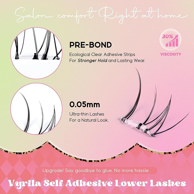 VYRILA Self Adhesive Bottom Lashes, Pre Glued No Glue Lower Lash Clusters, Ultra Thin Invisible Band, Natural Wispy Under Lash Extensions, Easy Apply for Beginners(PG-ZE94-6-7mm)