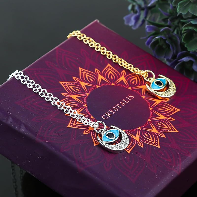 JOR Evil Eye Charm Pendant Necklace, Women Jewelry, Dainty Gold & Silver Plated Combo Chain 18 inch (Pack of 2)